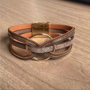 Multi-Strand Brown Leather & Gold Accent Women's Bracelet